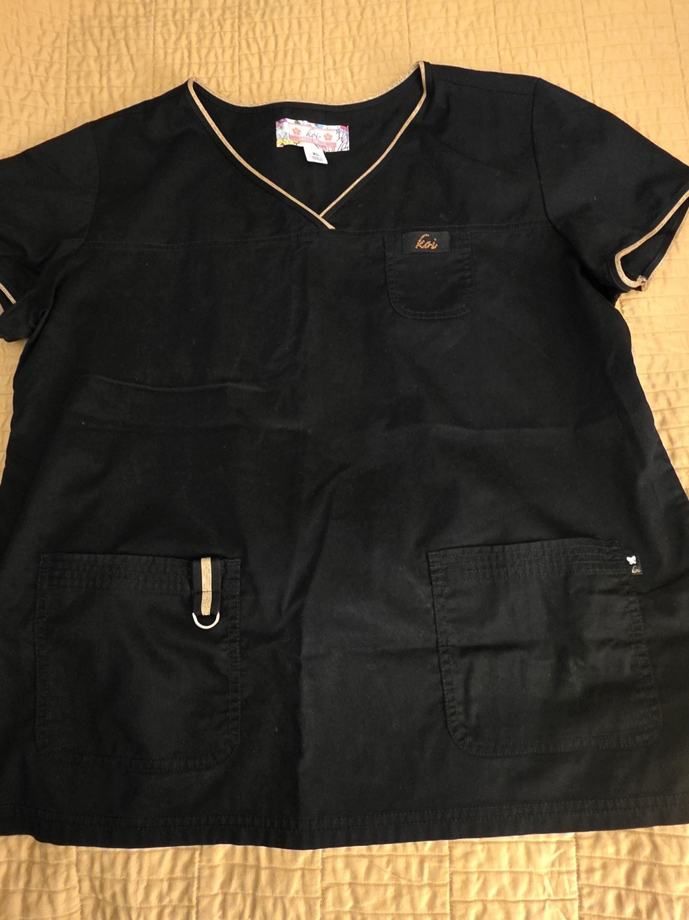 Koi Scrub V Neck Top Black With Gold Trim, Size XL